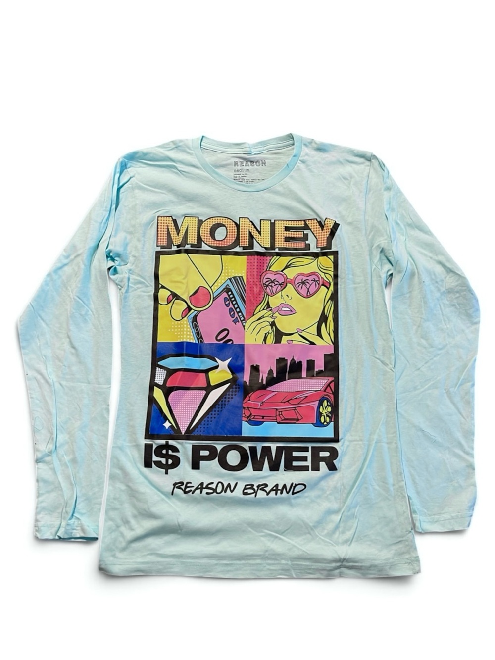 Reason Men’s Light Blue Long Sleeve ‘Money Is Power’ Graphic Tee